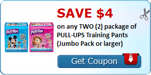 Save $4.00 on any TWO (2) package of PULL-UPS Training Pants (Jumbo Pack or larger)