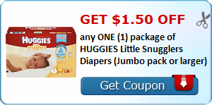 Get $1.50 off any ONE (1) package of HUGGIES Little Snugglers Diapers (Jumbo pack or larger)
