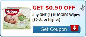 Get $0.50 off any ONE (1) HUGGIES Wipes (56 ct. or higher)