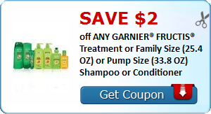 SAVE $2.00 off ANY GARNIER® FRUCTIS® Treatment or Family Size (25.4 OZ) or Pump Size (33.8 OZ) Shampoo or Conditioner