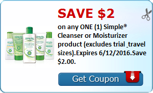 Save $2.00 on any ONE (1) Simple® Cleanser or Moisturizer product (excludes trial & travel sizes).Expires 6/12/2016.Save $2.00.