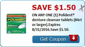 Save $1.50 ON ANY ONE (1) Polident® denture cleanser tablets (84ct or larger).Expires 8/31/2016.Save $1.50.