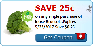 Save 25¢ on any single purchase of loose Broccoli..Expires 5/22/2017.Save $0.25.
